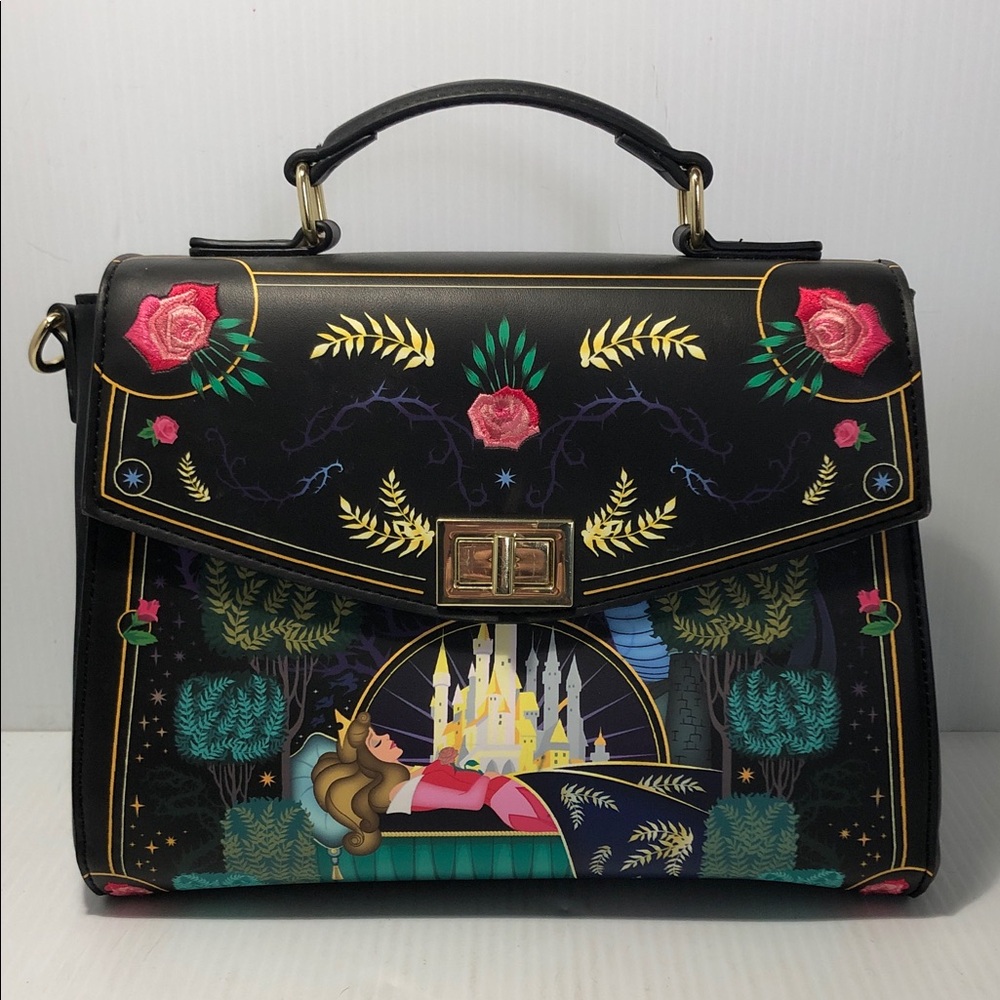 Loungefly Black Sleeping Beauty Aurora Folk Art Crossbody Bag Floral Disney